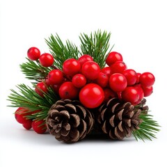 Pine cones and berries arrangement isolated on white background