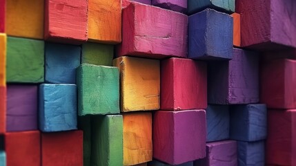 A textured wall composed of brightly painted wooden cubes stacked together