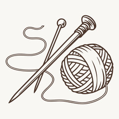Monochromatic Yarn Ball With Knitting Needles Vector Illustration For Hobby Or Craft