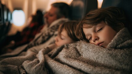A family of four is on a plane, with two children sleeping