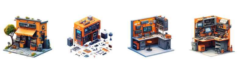 Urban workshops, detailed isometric views.