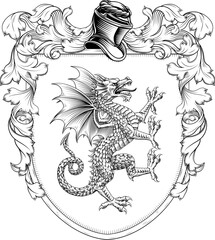 A dragon coat of arms or crest family heraldry medieval heraldic animal knight shield. With helmet and acanthus filigree scroll ornament in a vintage woodcut style.