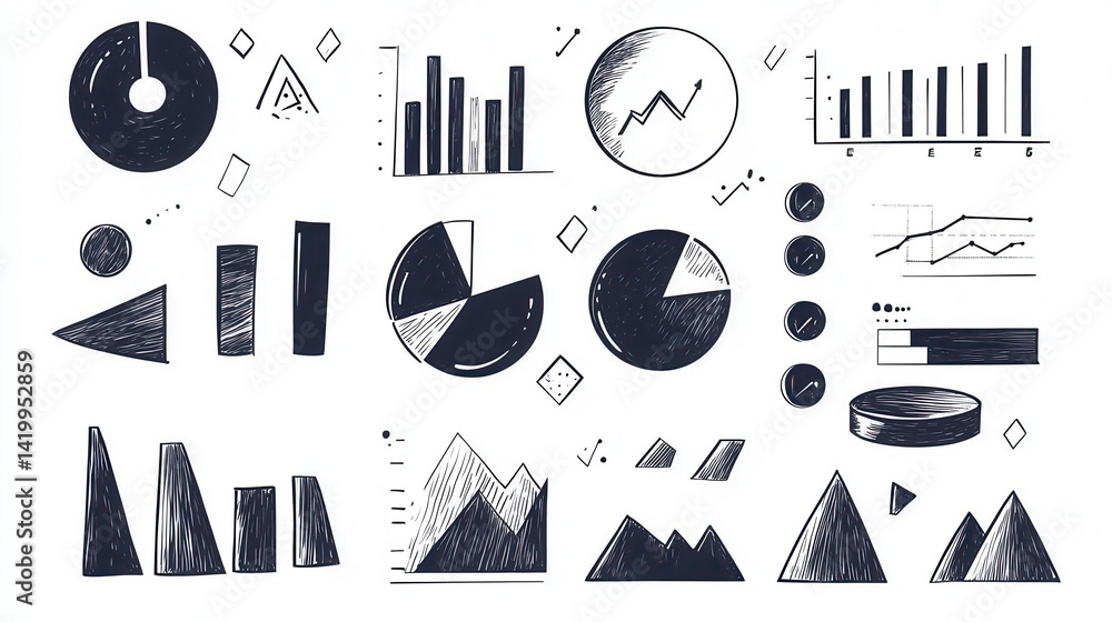 Poster hand drawn charts and graphs, monochrome ink style, various data visualization elements. white backg