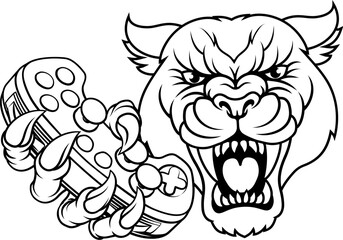 A panther, leopard or cougar wildcat cat jaguar gamer sports mascot holding a video game controller