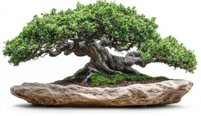 Serene Bonsai Tree on Natural Stone Base Capturing Tranquility and Natural Beauty in Artistic Arrangement