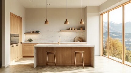 Hyper-Realistic Minimalist Kitchen with Light Wood Cabinets and Mountain View