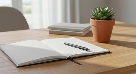 Fototapeta premium Workspace with Notepad and Succulent, Photo