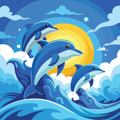 Fototapeta premium A playful pod of dolphins leaps joyfully above the crashing waves under a bright blue sky.