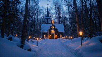 Snow-covered path, illuminated chapel, winter woods.