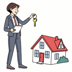 Realtor Holding House Key Presenting New Home With Red Roof