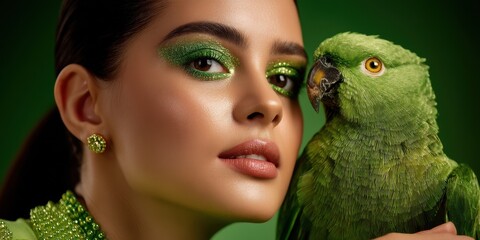 Woman with Green Glitter Makeup and Parrot Close up Portrait