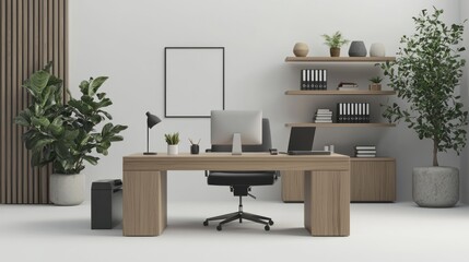 Fototapeta premium Modern Minimalist Office Space Design with Stylish Furniture and Plants