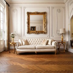 Elegant Parisian-style living room with a classic cream sofa, ornate gold mirror, and herringbone wooden floor