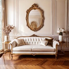 Elegant Parisian-style living room with a classic cream sofa, ornate gold mirror, and herringbone wooden floor