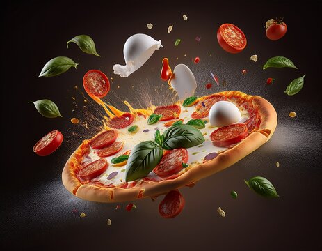 Fotograf&iacute;a de una explosi&oacute;n de pizza de pepperoni deconstruida con ingredientes flotando en el aire, pepperoni, mozzarella, burrata suave, couli de tomate, albahaca, aceite de oliva, base de pizza,