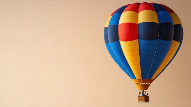Colorful hot air balloon soa high in the clear sky with vibrant blue yellow red and black patterning, exciting adventure travel and leisure activity imagery