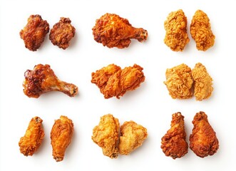 Crispy Fried Chicken Pieces Array on White Background Perfect for Culinary Projects and Food Photography