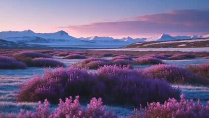 Obraz premium Lavender Field with Snow-Capped Mountains at Twilight Peaceful Landscape View