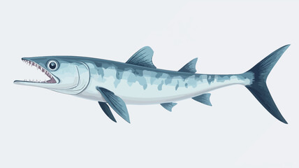 A detailed digital illustration of a barracuda is presented against a pure white background, showing the barracuda's profile and sharp teeth.