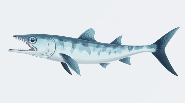 A detailed digital illustration of a barracuda is presented against a pure white background, showing the barracuda's profile and sharp teeth.
