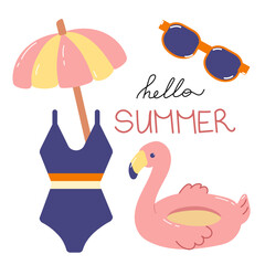Summer set with swimsuit, flamingo and umbrella