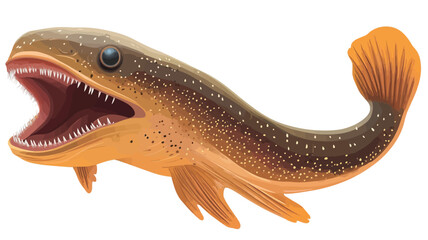 A brightly colored digital illustration of a prehistoric fish with spots all over its body and its mouth open.