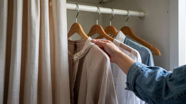 Organizing a minimalist wardrobe with neutral clothing and a focus on simplicity in a modern closet