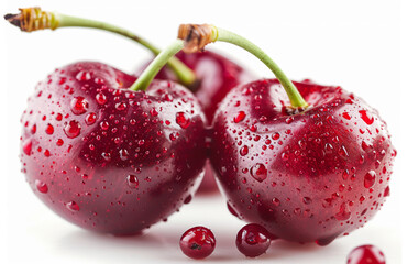 Closeup of Three Red Cherries with Water Droplets