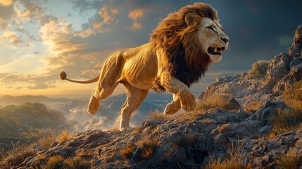 A high-definition animal photography, a lion running on the mountain with a river in a bright sunny day, and some clouds in the distance