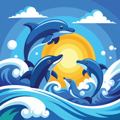 A playful pod of dolphins leaps joyfully above the crashing waves under a bright blue sky.
