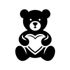 Teddy bear holding a heart silhouette black color logo on white background