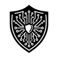 Shield with circuitry silhouette black color logo on white background