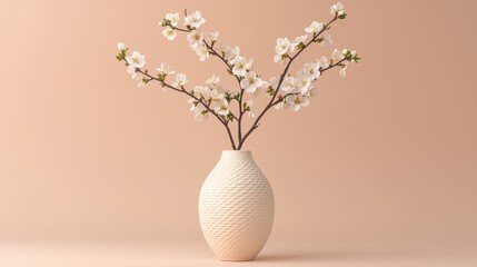 Elegant white textured vase with delicate cherry blossom branches and blooming flowers, minimalist floral decor arrangement for home or office decor