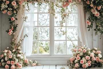 Fototapeta premium Rose-Adorned Window: Soft sunlight streams through a charming window, beautifully framed by an abundance of delicate roses and lush greenery, creating an atmosphere of timeless beauty and tranquility.