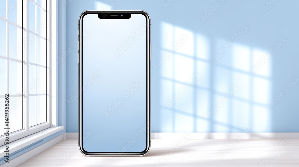 Poster a minimalist room with a large smartphone against a soft blue wall, sunlight casting shadows through