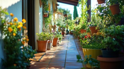 A sunlit porch displays a collection of potted plants and flowers
