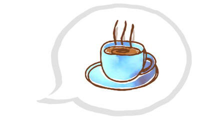 a steaming coffee cup in a blue hue, housed in a speech bubble, symbolizing warmth, comfort, and relaxation. Perfect for projects focused on beverages, cafes, and cozy moment.