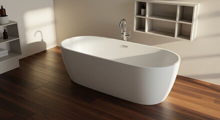 Fototapeta premium Modern Freestanding Bathtub Interior with Wooden Floor