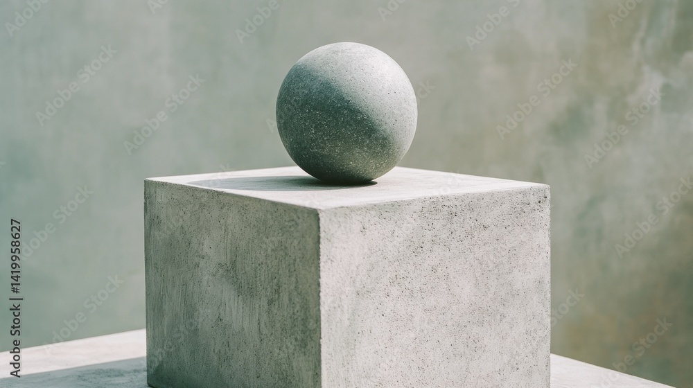 Poster a grey spherical object is resting upon a concrete cube
