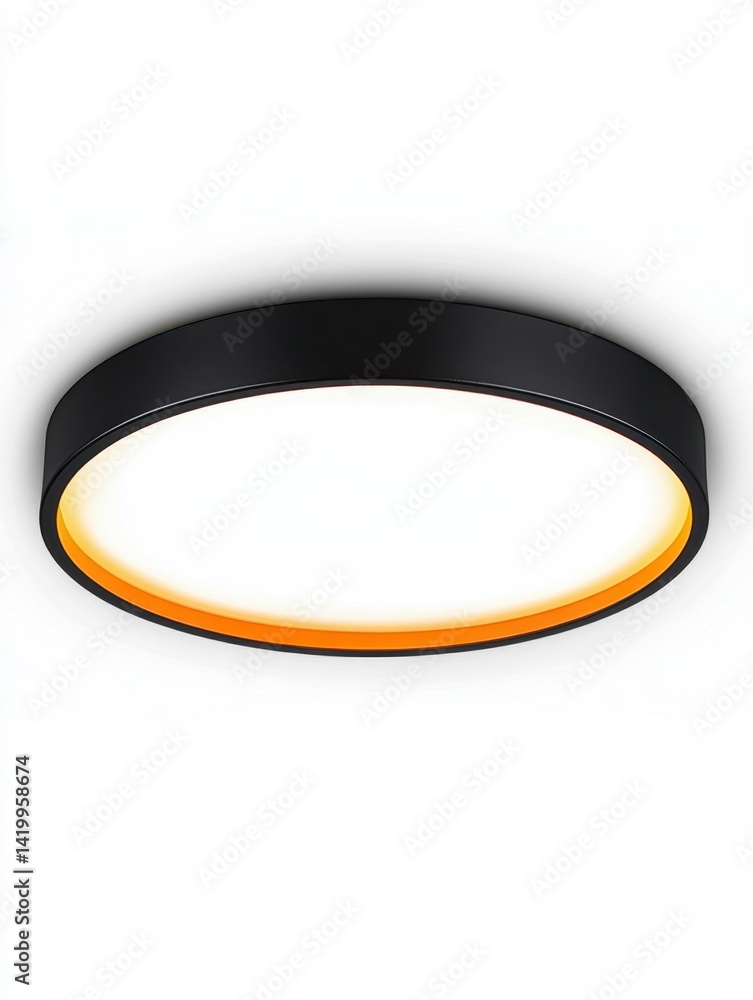 Poster round ceiling light fixture with a black outer ring and an inner amber light diffuser.