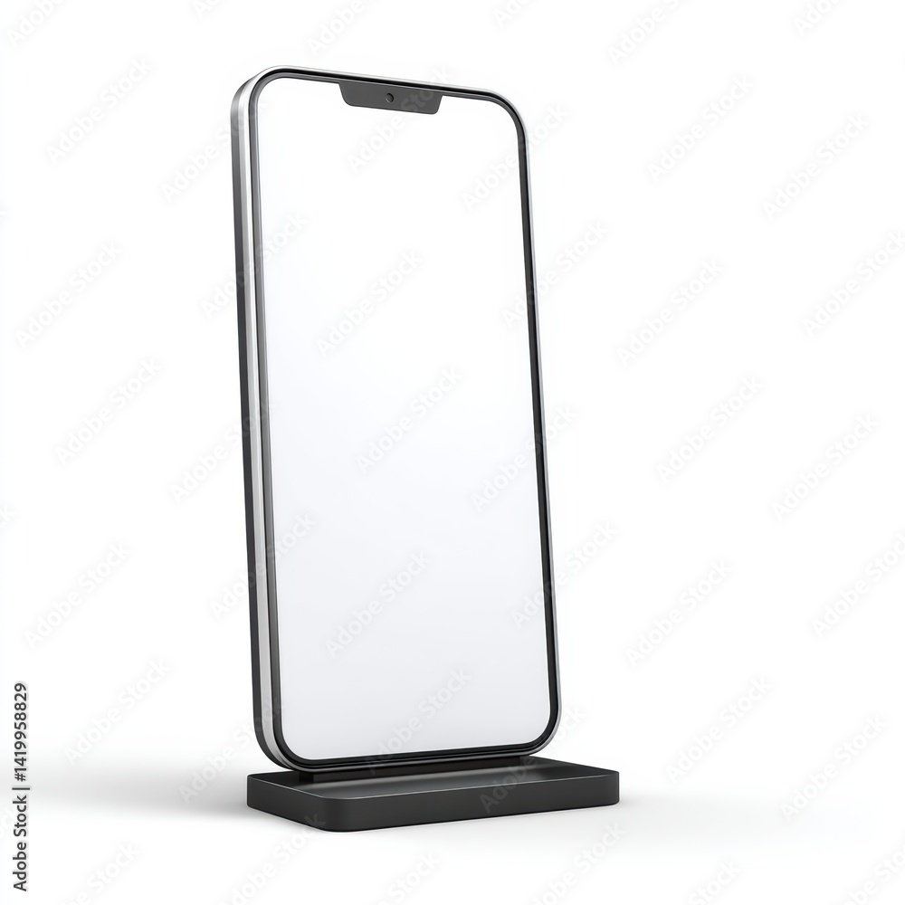 Poster a sleek, modern smartphone displayed on a minimalist stand, emphasizing its design and functionality