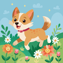 A playful puppy running in a field of flowers.