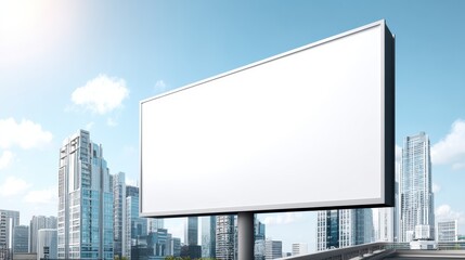 A large blank billboard stands against a backdrop of modern skyscrapers under a clear blue sky.