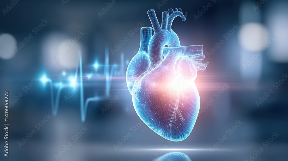 Poster a digital representation of a human heart with a glowing effect and a heartbeat line in the backgrou