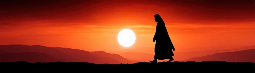 A silhouette of a figure walking against a vibrant sunset, with mountains in the background, creating a serene and contemplative atmosphere.