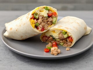 Freshly Made Breakfast Burrito Cut in Half on Plate, Loaded with Eggs, Sausage and Veggies