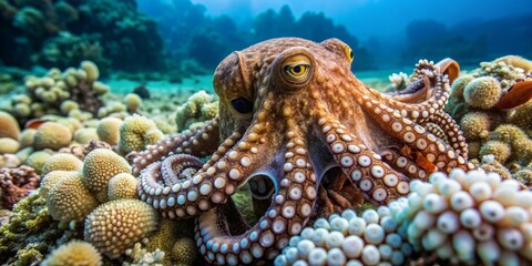 Fototapeta premium An underwater close-up showcasing a cephalopod's intricate texture and vibrant coloration amidst a coral reef's diverse ecosystem.