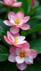 Fototapeta premium Soft petals in gentle hues amidst lush green leaves, blooming flowers, plant life