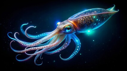 A bioluminescent cephalopod gracefully glides through the inky blackness of the deep ocean, its eight arms elegantly adorned with luminous spots, a mesmerizing spectacle of aquatic life.