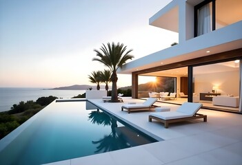 Fototapeta premium Modern white villa with infinity pool overlooking the ocean at sunset , palm trees , lounge chairs , minimalist design, luxurious, contemporary architecture, clear sky , tranquil atmosphere 